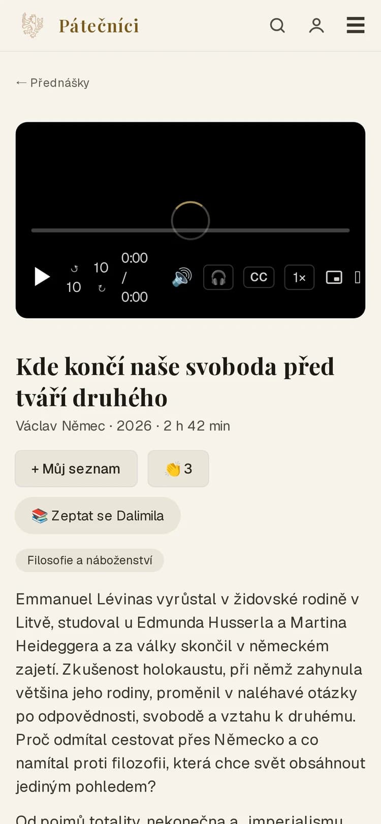 Aplikace Pátečníci: přednáška s přehrávačem a možností stažení
