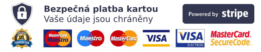 Bezpečná platba kartou, Vaše údaje jsou chráněny. Visa, Mastercard, Maestro, platby zajišťuje Stripe